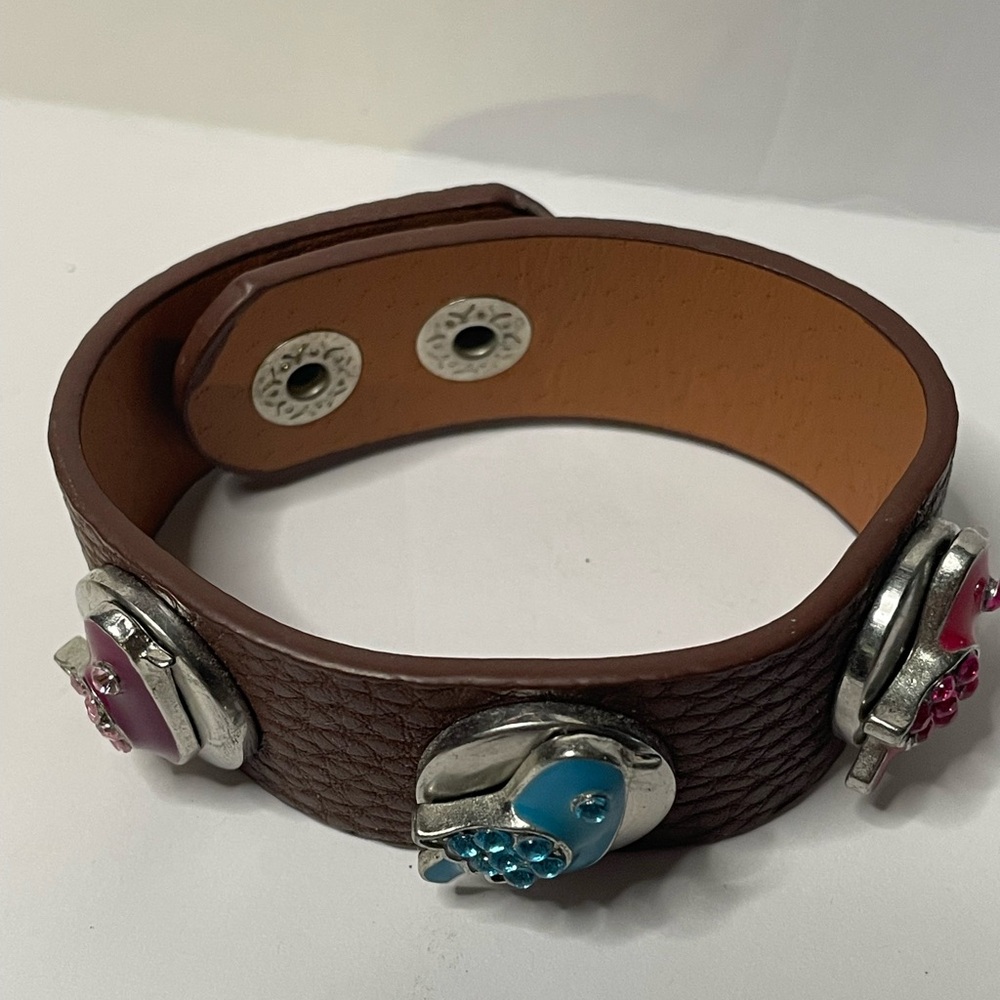 Brown Interchangeable Snap Charm Bracelet with 3 Bird Charms